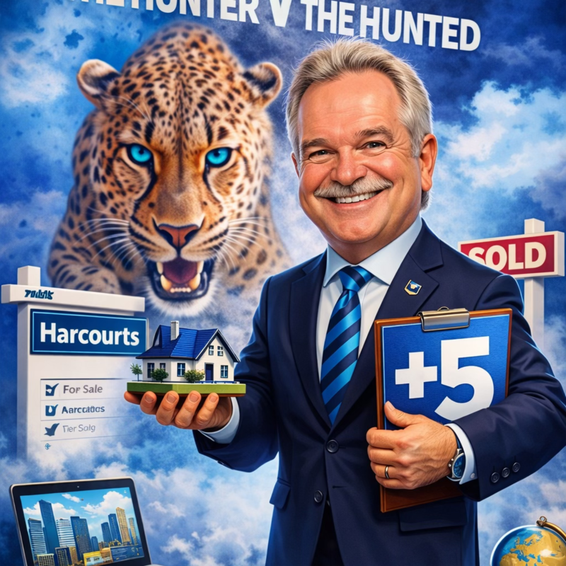 A smiling real estate agent holds a model house while a fierce leopard looms in the background, showcasing a dramatic "Hunter vs. Hunted" theme.