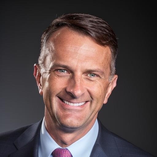 The image features a smiling man in a suit with a light blue shirt and pink tie, set against a dark background.